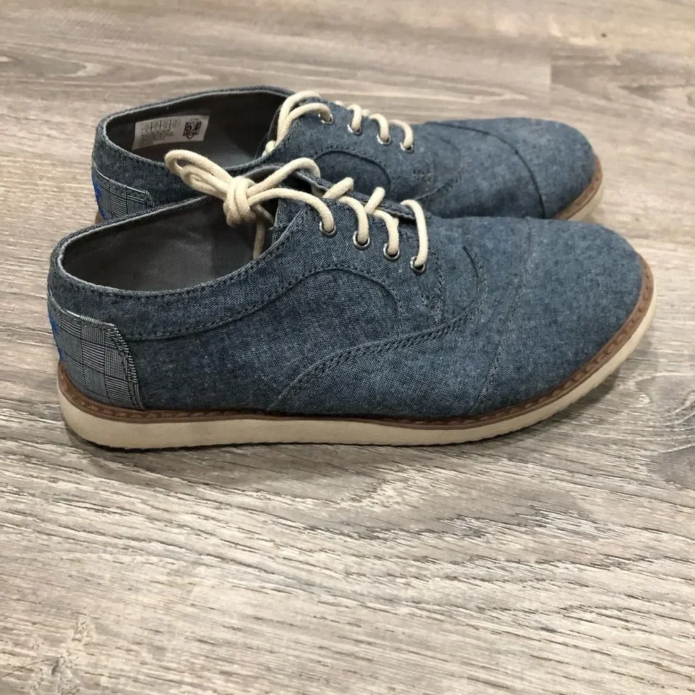 TOMS Brogue Kids Youth Boys Blue Denim Casual Oxford Dress Shoes Size‎ 4Y